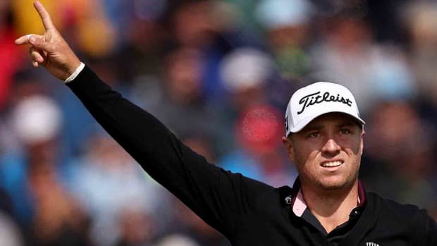 Justin Thomas gestures after teeing off on the 4th hole in the second round of the 2023 British Open.